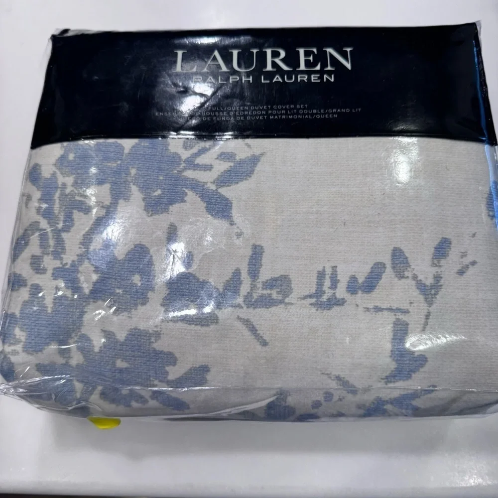NEW! Ralph Lauren Eva Botanical Duvet Set 3 Pc. Queen Cream/Blue $420
